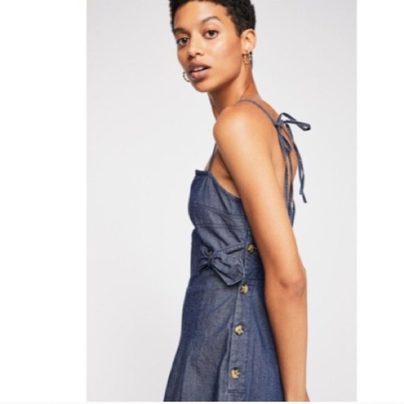 Free People Brittany Denim Jumpsuit Blue Tie Straps Button Casual Wide Leg - Picture 4 of 13